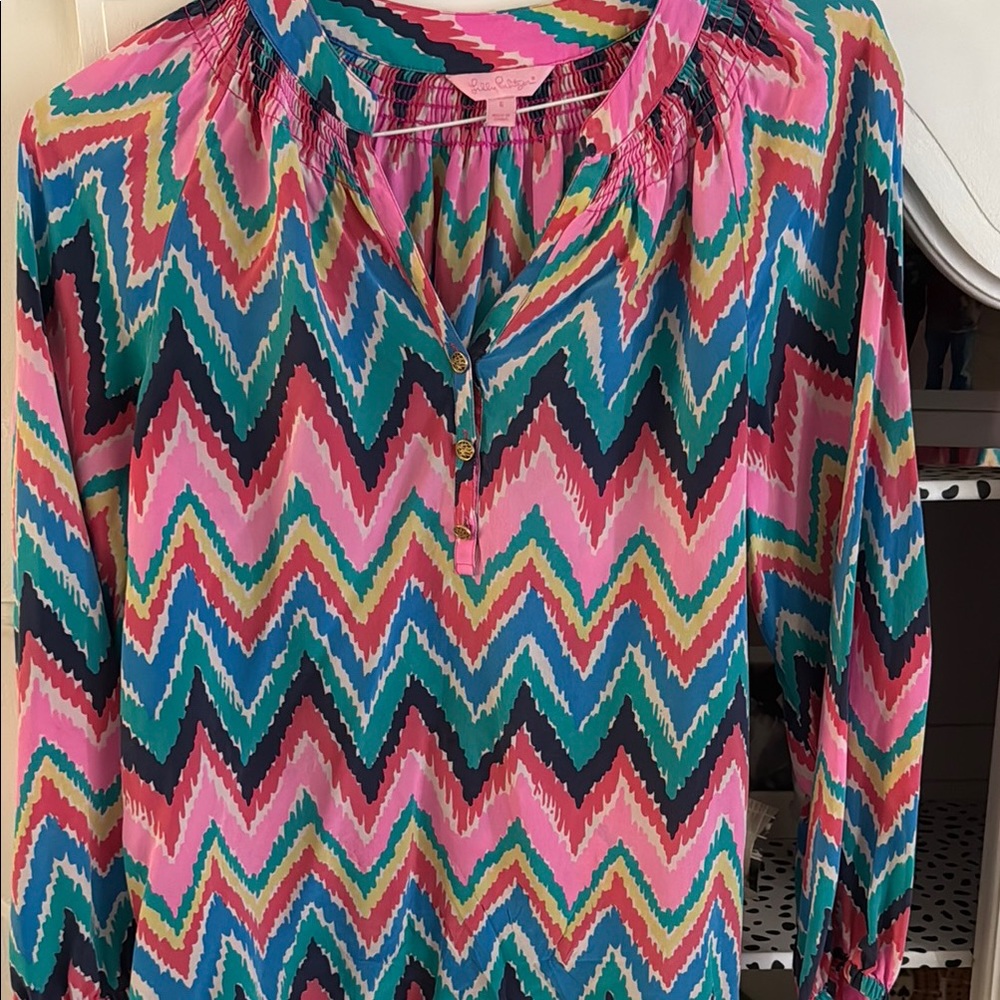 Pink and Green Graphic Blouse with Mandarin Collar Lilly Pulitzer Etta